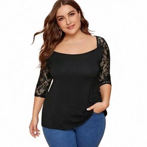 plus Size Sexy Elegant Fi Tops Women Ctrast Lace Sleeve Square Neck Solid Black Summer Spring Sheath T-shirt Blouse 6XL 71i6#