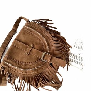 FI RETRO Ręcznie robione sztuczne zamsz Tassel Women Cross Crossbody Menger Bag Tassel Boho torebka dla kobiet Summer I2SD#