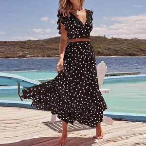 Work Dresses Summer Polka Dot Print Holiday Outfits Casual Pleated Beach Two Piece Sets Fashion V-neck Ruffle Tank Top With Long Skirt Suit