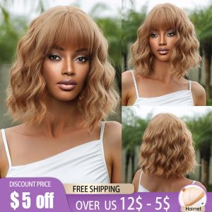 Peruker bob ljusbrun blonda syntetiska peruker lockigt kort gyllene peruk med lugg naturligt våg hår cosplay för kvinnor afro värme resistent