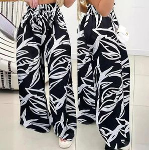 Calças femininas casual folha tropical impressão cordão cintura retro perna larga temperamento viajando verão moda feminina