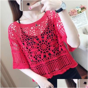 Women'S Blouses & Shirts Womens Women Blouse Y Clogheted Short-Sleeved Lace Shirt Loose Top For Blusas Ropa De Mujerwomens Drop Deliv Ot2Md