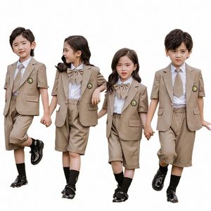 Uniforme scolastica per bambini Ragazze Ragazzi Giacca a maniche corte Cappotto Camicia Dr Pantaloncini Vestiti Cravatta Set Coreano Studente giapponese Outfit m1b7 #
