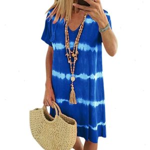 여자 줄무늬 프린트 넥타이 염료 짧은 슬리브 드레스 v 목 여름