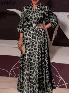 Casual Dresses Vonda Summer Overdized Dress 2024 Bohemian Elegant Women Leopard Print Long Lantern Sleeve Loose V Neck Robe Femme