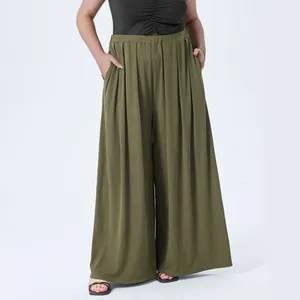 Kadın Pantolon Bahar Gevşek Sıradan Düz Renk Pamuklu Keten Elastik Bel Geniş Bacaklı Ladies Sokak Drawstring Pantolon