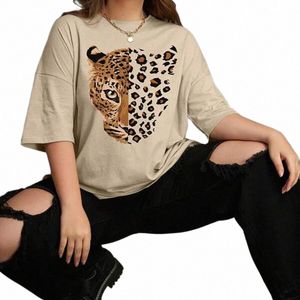 Leopard Gedruckt T-Shirts Kurzarm Frauen Oansatz Grafik Tops Tees Lose Cott Vintage T-shirt Plus Größe Für Weibliche Kleidung N1Ro #