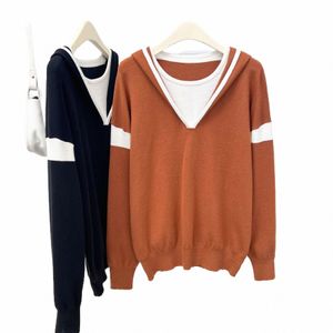 Stylowy z kapturem fałszywy dwuczęściowy swetry damskie w rozmiarze jesienna zima 2023 Casual Clothing Block Kolor Skoczki na dzianiny d2Kz#