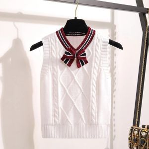 Kids Girls School Uniform Knitted Sweater Vest V Neck Ribbed Trim Bow Tie Tank Top Birthday Party Stage Performance Daily Wear