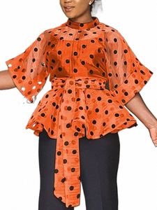 plus Size Women White Blouses Polka Dot Peplum See Through Sexy Thin Transparent Half Flare Sleeve Waist Belt Tops Shirt Fi e51e#