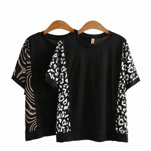 Nya 2022 Ladies Summer Plus Size Tops för kvinnor stor storlek Kort ärm Loose Black Cott Leopard Print T-shirt 3XL 4XL 5XL 6XL S5VC#