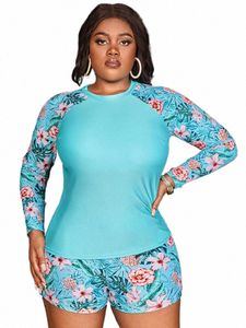 Vigojany 2024 Stor LG Sleeve Print Swimwear Women Plus Size Boxer Tankini Swimsuit 2 Piece High midje Bikini Set Bathing Suit Q7JH#