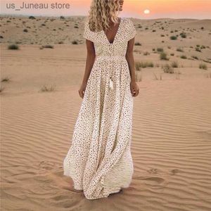 Grundläggande avslappnade klänningar 2023 Kvinnor Elegant V Neck Boho Dress Spring Polka Dot Print Long Party Dress Tassel Maxi Dress Summer Short Slve Beach Dresses T240330