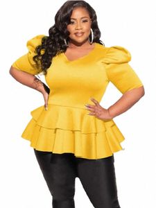 Plus Size 4XL Mulheres Blusas Lanterna Manga Curta Ruffles Tops para Senhoras Escritório 2023 Verão Amarelo Roxo Africano Fi Camisas g08C #