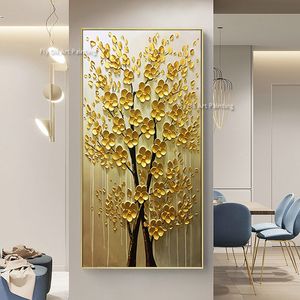 Boa sorte árvore feng shui pintura de flor Pintura de óleo Paisagem Flor Lucky Big Golden Golden Tree Parede pendurada Tela de pintura de fundo Plantas de pintura Decoração