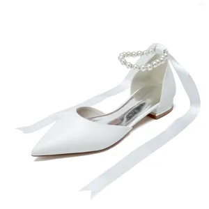 Casual Shoes Women Sandals Flat Heel Pointed Toe Pearl Ribbon Strap Everyday Dayily Dress Flats Wedding Bridal Bridesmaid Banquet