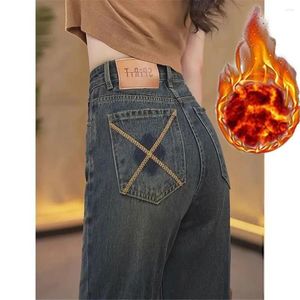 Damen Jeans Winter Plus Samt Lässige warme Frauen Vintage Gerade hohe Taille Harajuku Denim Hosen Retro verdicken breite Beinhose