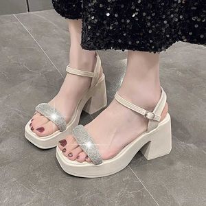 Sandaler White Black Rhinestones Platform Sandaler Short and Chubby High Heels Womens Shoes Elegant Party Ladies Fashionable Summer Ankle Straps H240328