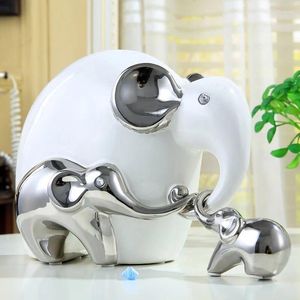 Table Clocks WHITE SILVER CERAMIC FAMILY ELEPHANT STATUE HOME DECOR CRAFTS ROOM DECORATION LOVES ORNAMENT PORCELAIN ANIMAL FIGURINES