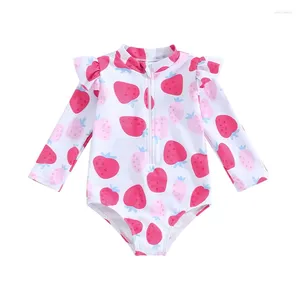 Zestawy odzieży Pudcoco Baby Girl Swimsuit Długie rękaw Truskawkowe nadruk zamek stroju kąpielowego maluch maluch letni kostium kąpielowy 0-3t