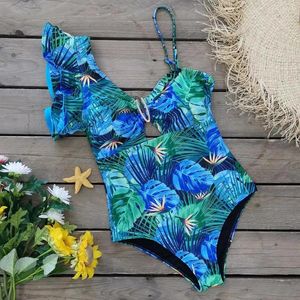 Costume da bagno da donna Costume da bagno per vacanze al mare Stampa di foglie tropicali Bikini intero con maniche a volant Scollo a V per le donne Monokini sexy