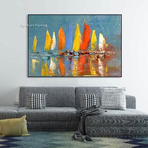 Segelboot handbemalte Ölmalerei dickes Ölmesser Malerei glattes, zukünftiges dekoratives Gemälde Horizontale Wandkunst Meeresschild Canvas Kunst für Dekor