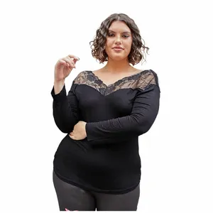 plus Size Sexy V-neck Spring Autumn Blouse Women Lg Sleeve Black Sheath Work Office Lace Top Female Large Size T-shirt Tee 6XL L3rv#