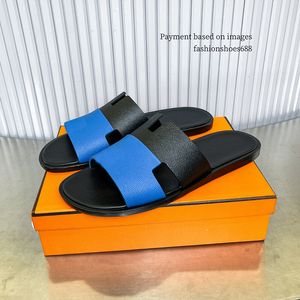 2024 Summer Nya skjutreglage Mens tofflor Beach Shoes Sandaler High-End Blue and Black Leather Patchwork Casual och bekväma herrskor för externa slitstorlekar 39-48 +Box