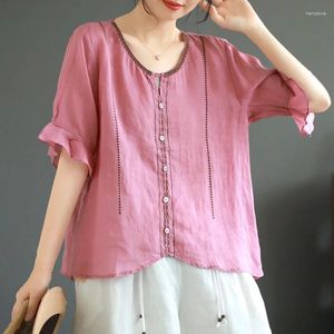 女性用TシャツシンプルソリッドVネック刺繍ボタンサマーファッションレトロコットンロータスリーフミドルスリーブルーズTシャツトップス