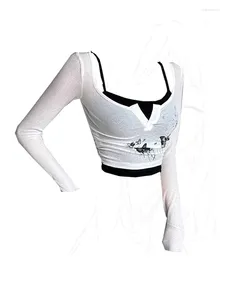レディースTシャツ韓国ファッション衣装2ピースセットオフィスレディシンプルキャミソールホワイトクロップトップバッファープリント2000年代美学クラブウェア