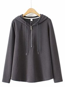 Plus-storlek Kvinnokläder Autumn Hooded Casual Sweatshirt Solid Polyester-Blend LG-Sleeve Pullover för kvinnor under 220 pund L63E#