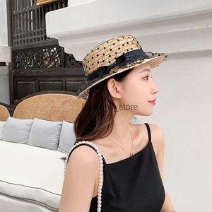 Breite Krempe Hüte Eimer Nette Polka Dot Spitze Mesh Stroh Für Sommer Outdoor Strand Sonnenhut Elegante Damen Urlaub Runde Schwarz Flache Top Kappen H240330