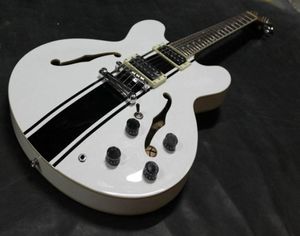 Anpassad butik ES 333 Tom Delonge Signature Semi Hollow Body White Black Stripe Jazz Electric Guitar Double F Holes Dot Inlay Grove2010362