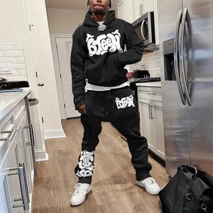 Mens Autumn Winter Hoodie Suit Twopiece 3D Tryckt sportkläder Casual Bell Pants Set Y2K Streetwear Clothing 240320