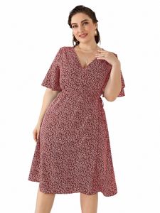 2024 Fi Summer Dr Woman V-образным вырезом с коротким рукавом и цветочным принтом Wrap Dr Big Size Maxi Lg Dres Плюс Размер Женская одежда j6qs #