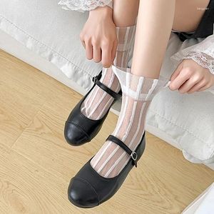 Women Socks Fashion Summer Thin Short For Girls Ultra-thin Transparent Crystal Silk Black White Color Elastic