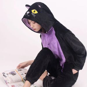 New Black Cat Kigurumi Onesie Animal Halloween Costume Winter Flannel Plush One Piece Pajamas Cosplay Jumpsuit for Women and Men