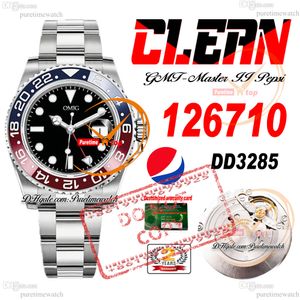 Pepsi 126710 DD3285 Automatik-Herrenuhr, Clean CF, rotblaue Keramiklünette, schwarzes Zifferblatt, 904L OystSteel-Armband, Super Edition, gleiche Seriennummer, Garantiekarte Puretime