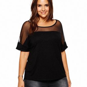 plus Size Summer Casual Top Women Mesh Patchwork Short Sleeve Black Loose T-shirt Tee Female Plus Size Women Clothing 6XL 7XL 8X u51F#