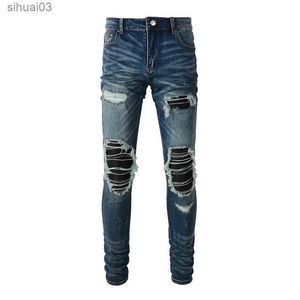 Men's Jeans Mens leather patch bicycle jeans tight fitting tape elastic denim blue pants street clothing patches work holes tearing TrousersL2403
