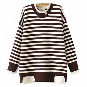 4xl Plus Size Ladies Sweater Fi Knitted Pullover Cut Hole Design Splicing Striped Jumpers Autumn Winter Keep Warm Knitwear X0au#