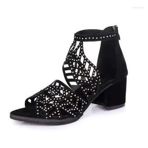 Dress Shoes Sandals Women Summer Hollow Out Zipper Open Toe Thick Heel Casual Gladiator Platform Diamond