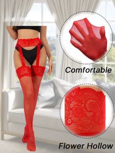 Women's High Waist Hosiery Lingerie Sexy Thigh High Tights Garter Belt Stocking Suspender Pantyhose Red White Lace Crotchless