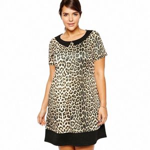 plus Size Peter Pan Collar Summer Casual Leopard Dr Women Short Sleeve Color Blocked Tunic Dr Large Size T-shirt Tee Dr C4Ri#