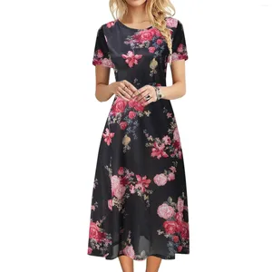 Lässige Kleider, bequemes Swing-Kleid für Damen, modisch, O-Ausschnitt, kurzärmelig, Bohemian-Stil, Blumendruck, schlichte Passform, für Damen, lang, Sommer