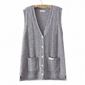 2022 Herbst Winter Plus Größe Pullover Weste Frauen Kleidung Argyle Twist Gestrickte Strickjacke Fi Label Tasche V-ausschnitt Kurve Jumper s2ib #