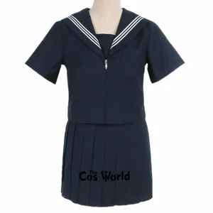 japanese Preppy Navy Blue Short Sleeve Summer Sailor Suit Tops Skirts Basic JK High School Uniform Class Students Cloth X9ap#