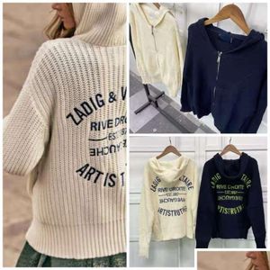 Kvinnors stickor Tees 23SS Zadig Voltaire Designer Sweater Coats Fashion Hoodie Loose Classic Cresatile Letter Brodery Zipper Wool K Otuef