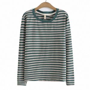 4xl LGスリーブTシャツプラスサイズの女性用服シンプルなストライプコットニットボトムトップ秋ルースカジュアルベーシックティーP5SN＃