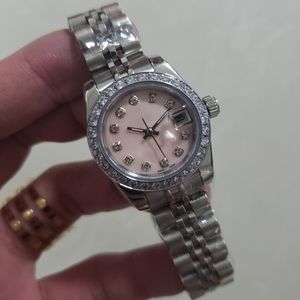 Double Ring Diamond Bezel 28mm kvinnors klockor vindfärg spegel automatisk mekanisk rostfritt stål armband mode flicka 302 år